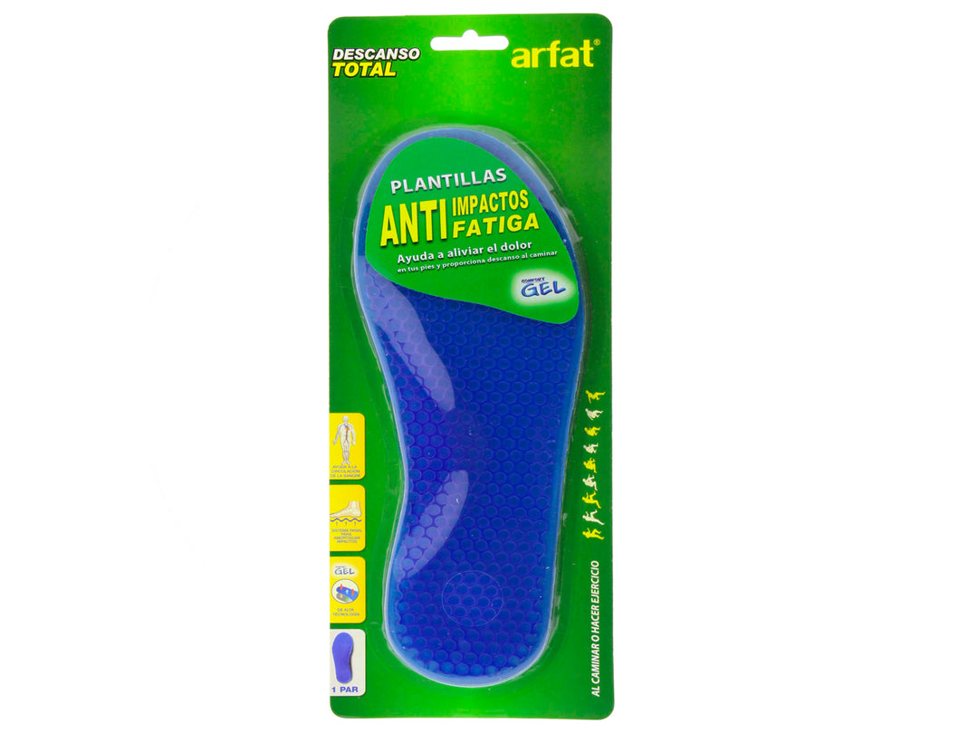 Plantillas de gel color azul marca Arfat para descanso total en empaque verde.