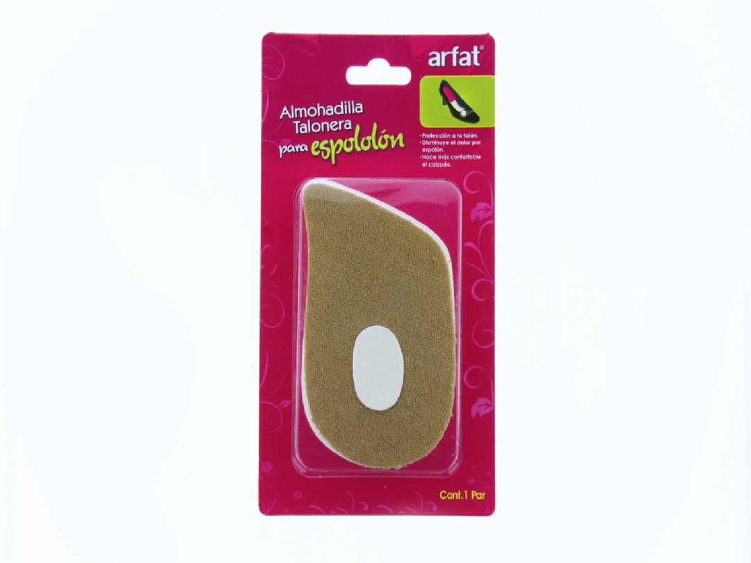 Par de taloneras color beige con centro blanco para espolón en empaque rosa de la marca ARFAT.