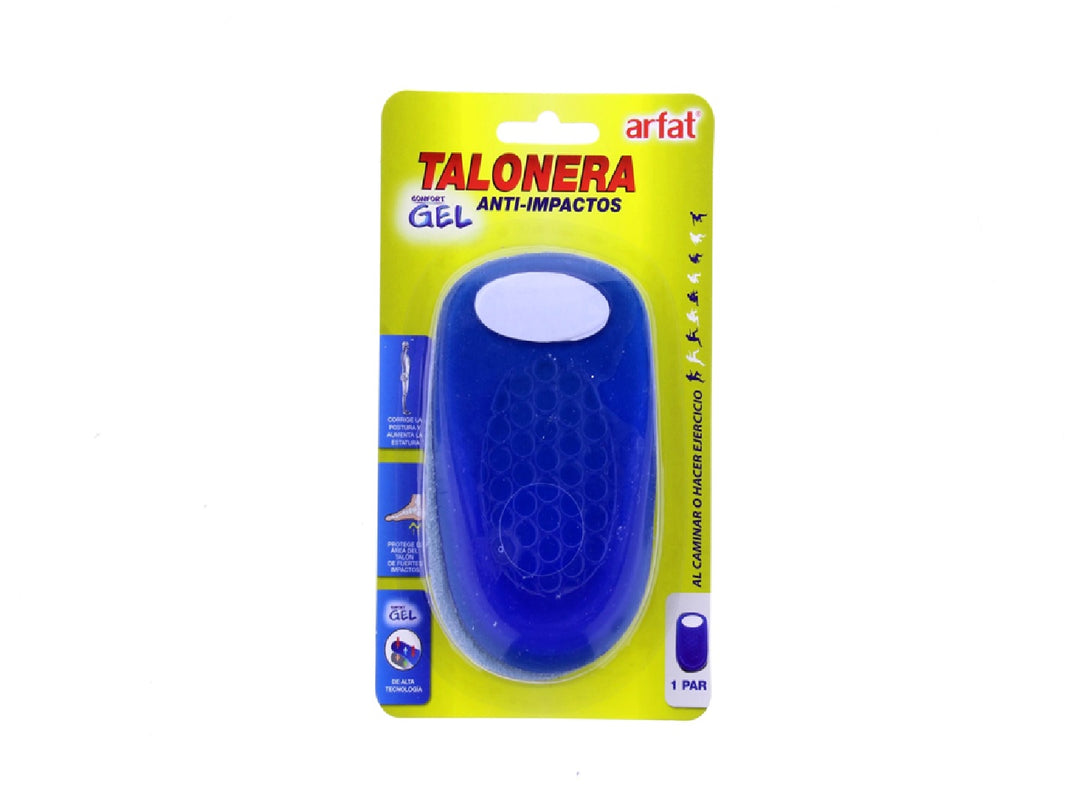 Taloneras de gel color azul marca Arfat en empaque amarillo.