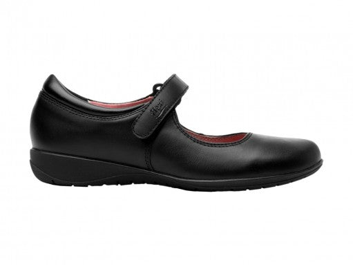 Zapato Flexi para niño o niña en color negro con correa de ajuste y forro interior rojo.