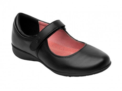 Zapato Flexi para niño o niña en color negro con correa de ajuste y forro interior rojo.