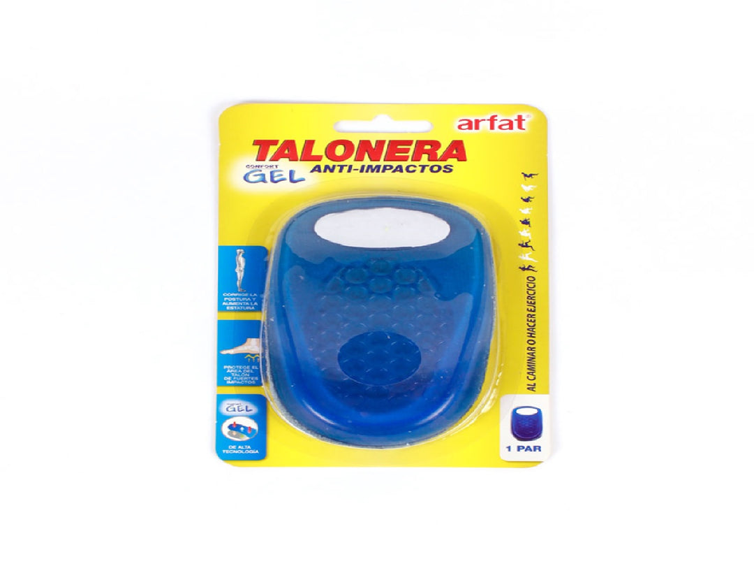 Par de taloneras de gel color azul en empaque amarillo marca Arfat.
