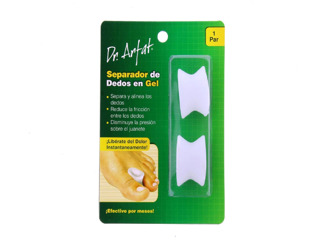 Par de separadores de dedos de gel blanco en empaque verde de la marca Dr. Arfat.