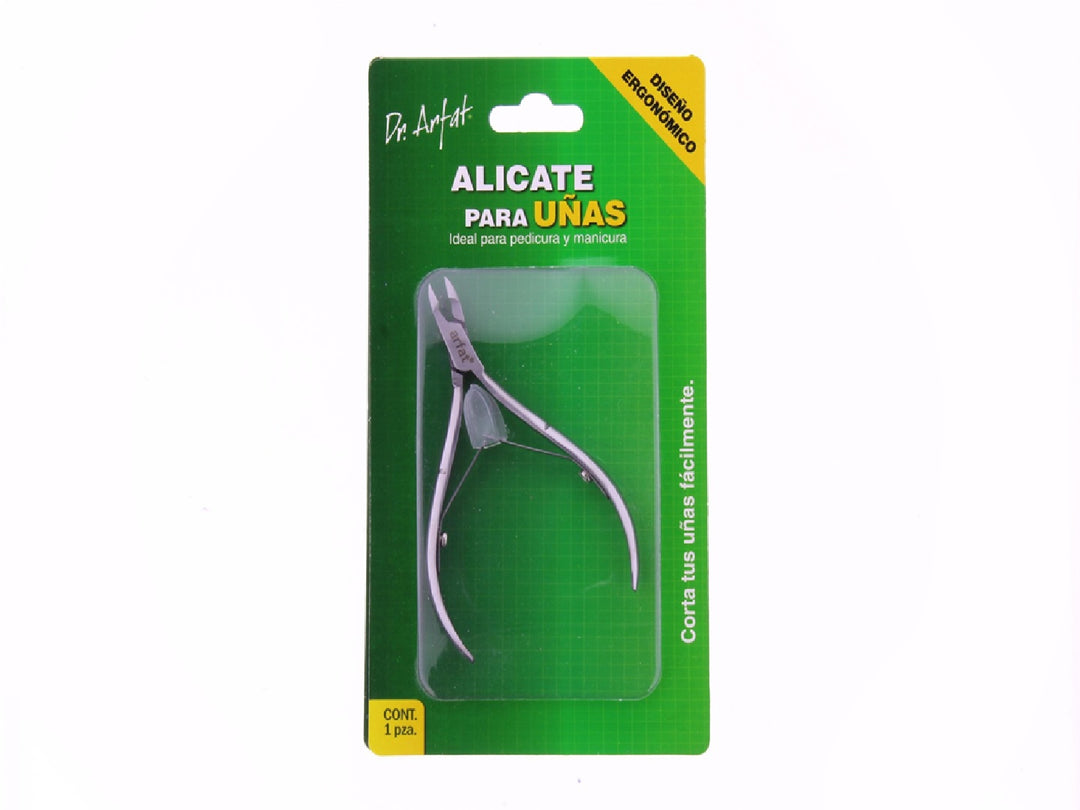 Alicate para uñas color morado claro en empaque verde marca Arfat.