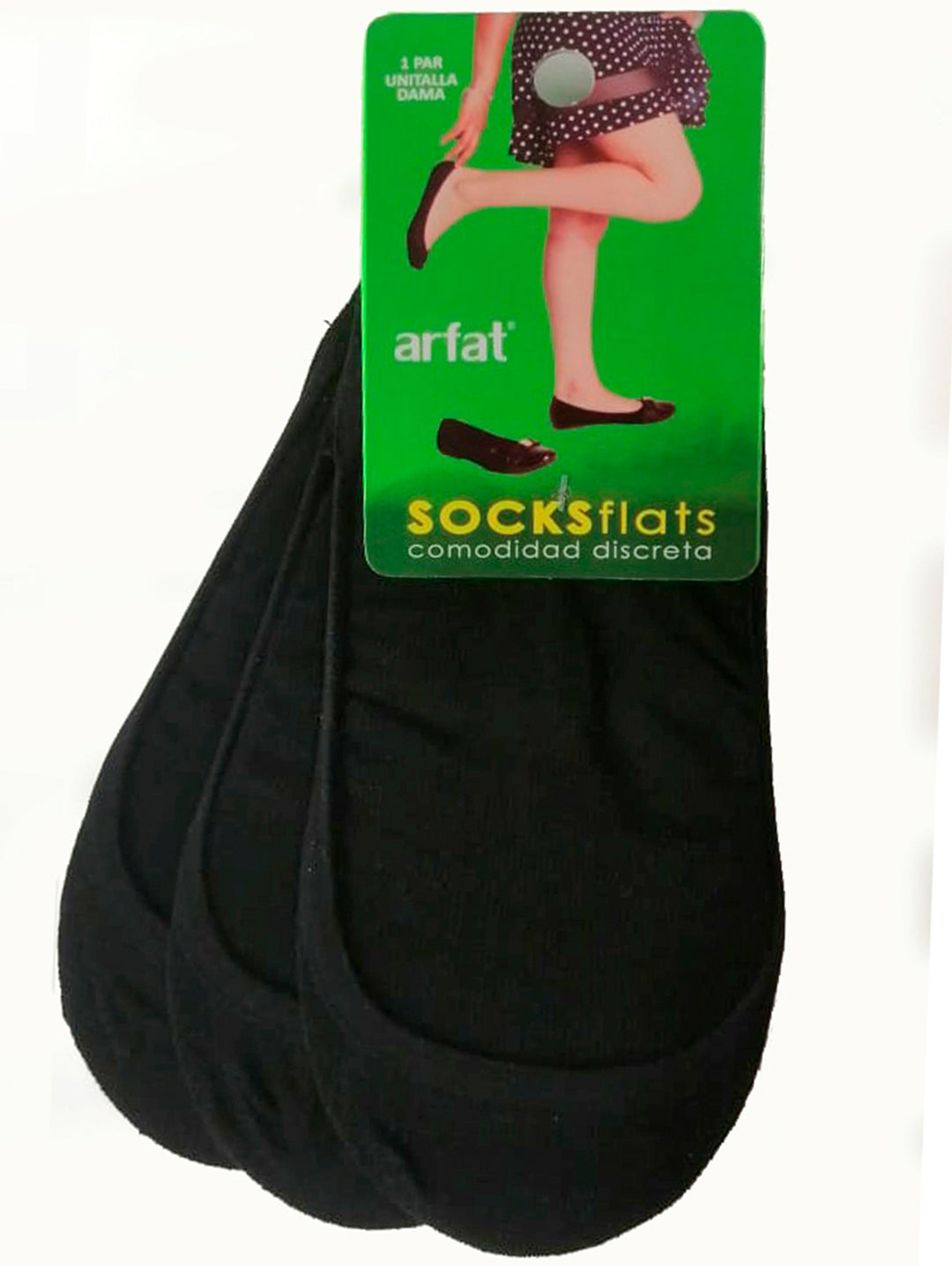 Paquete de tres pares de calcetas negras tipo balerina de la marca Arfat con empaque verde.
