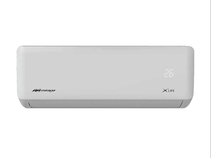Unidad interior de minisplit Mirage XLIFE en color blanco con pantalla digital.
