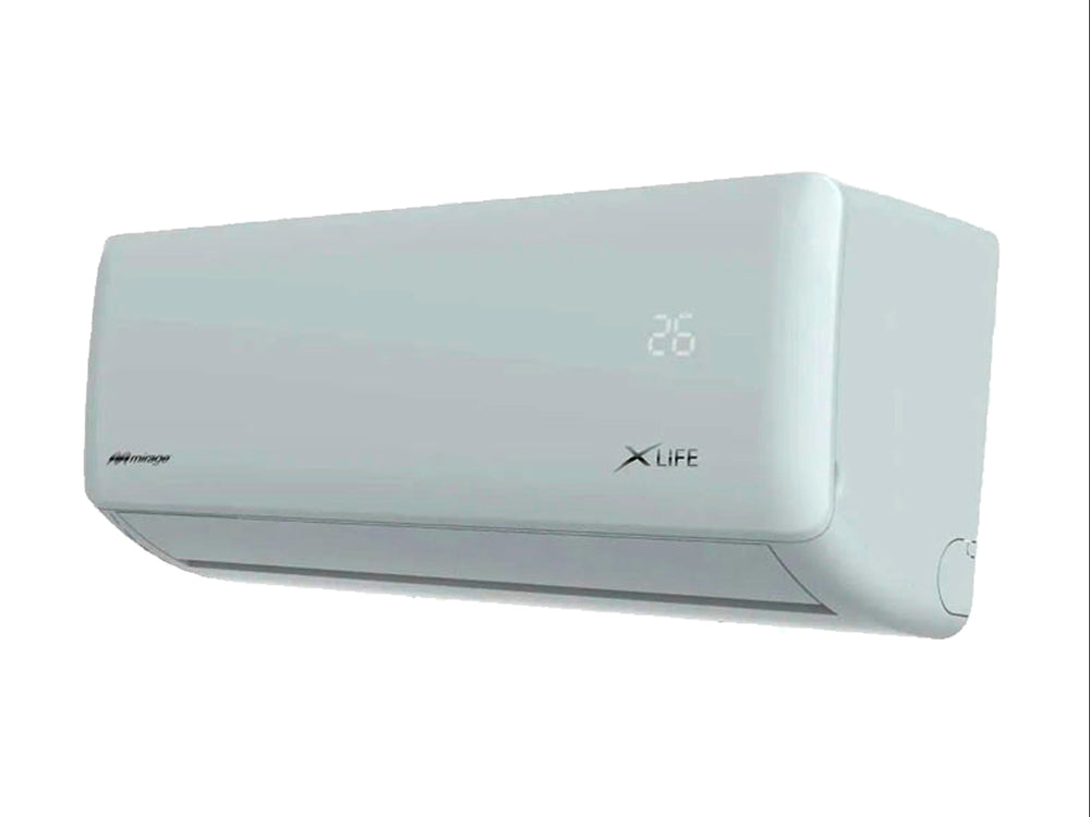 Unidad interior de minisplit Mirage XLIFE en color blanco con pantalla digital.