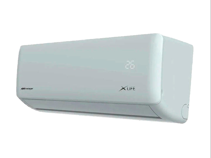 Unidad interior de minisplit Mirage XLIFE en color blanco con pantalla digital.