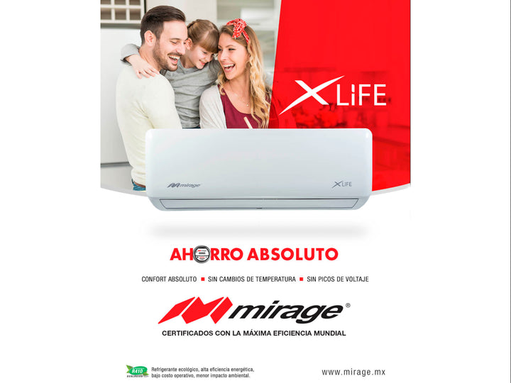 Unidad interior de minisplit Mirage XLIFE en color blanco con pantalla digital.