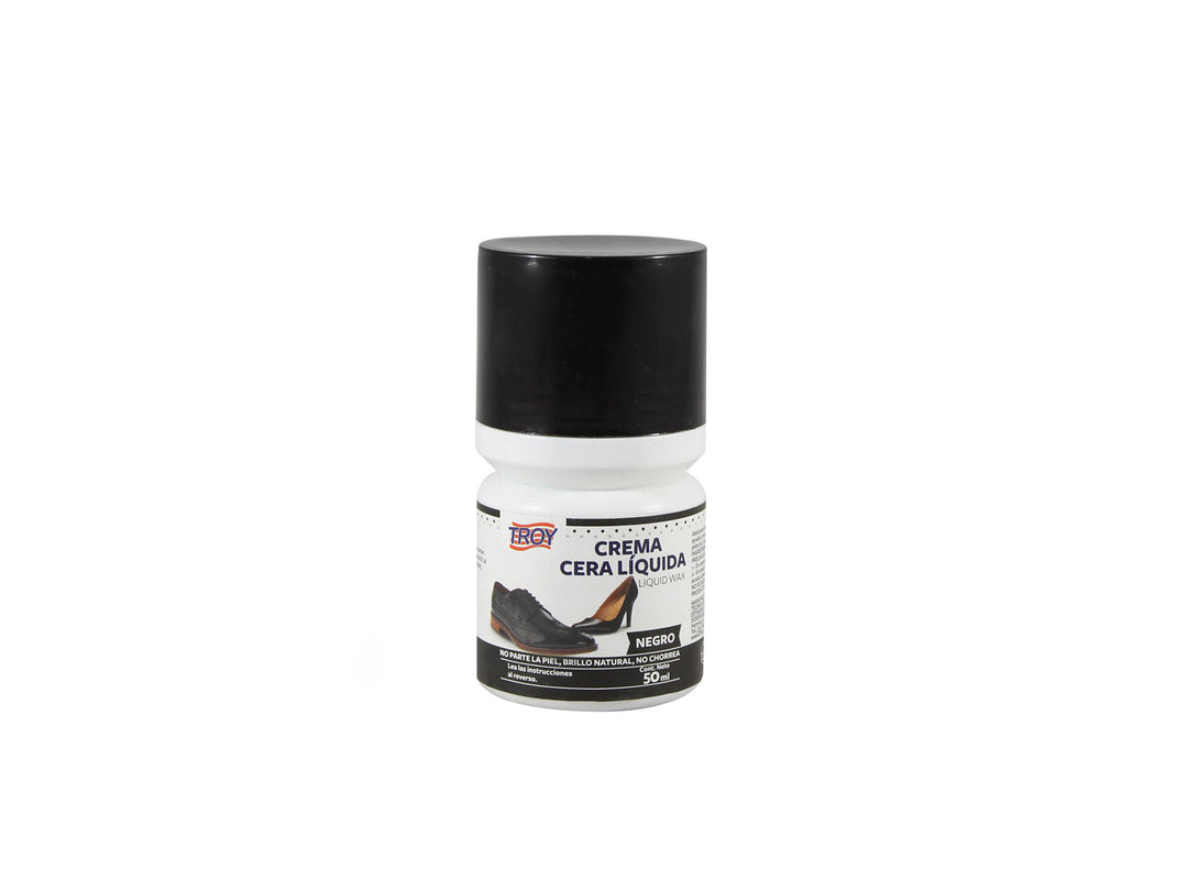 Botella de crema cera líquida Troy color negro con tapa negra y etiqueta blanca.