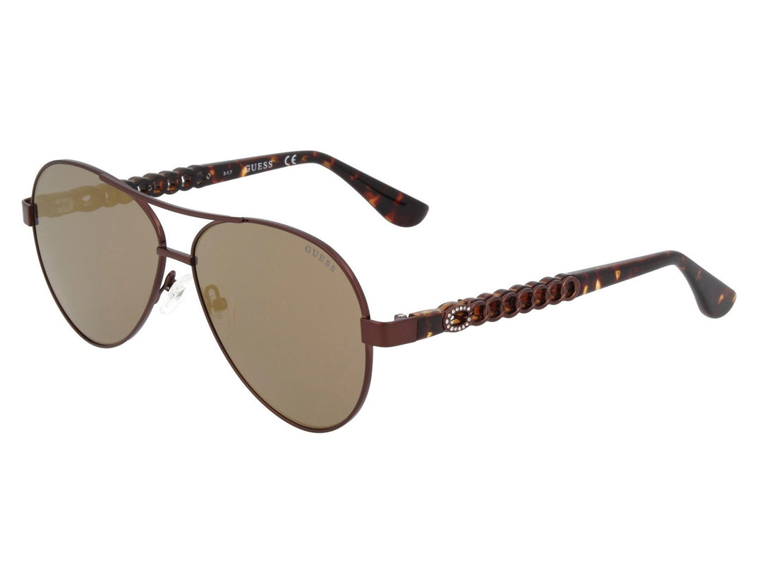 Lentes de sol Guess para mujer estilo aviador en color marrón con varillas decorativas efecto carey.