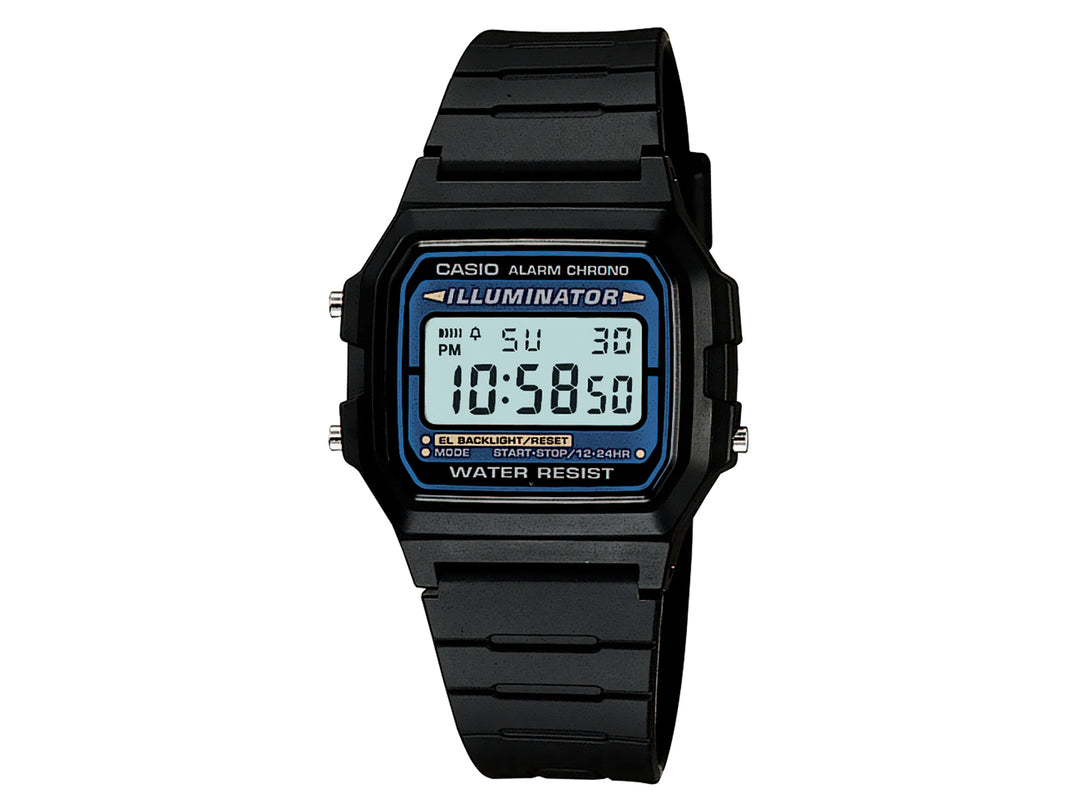 Reloj digital Casio F-105W para hombre en color negro con detalles en azul y correa de resina.