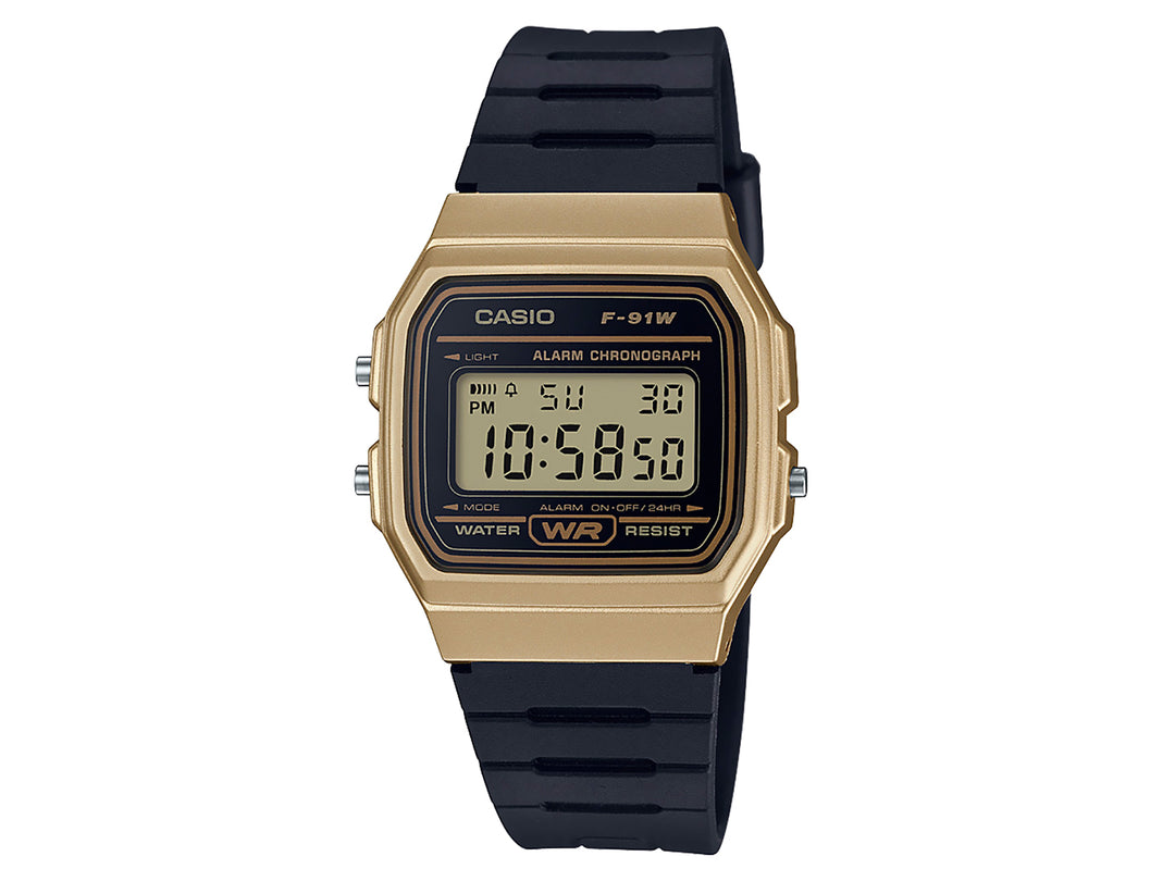 Reloj digital Casio F-91WM con caja dorada y correa de resina negra para hombre.