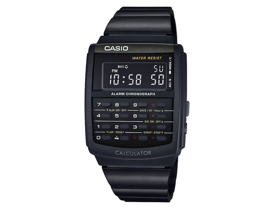 Reloj digital Casio negro con calculadora integrada y correa de resina.