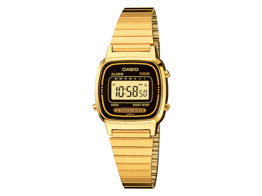 Reloj digital Casio para mujer en color dorado con correa metálica y pantalla rectangular.