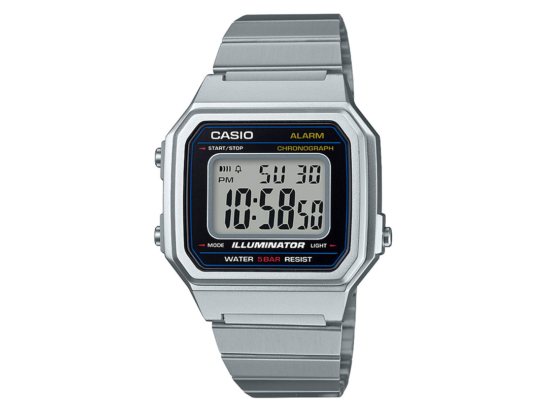 Reloj digital Casio B-650WD color plata con correa metálica y pantalla digital.