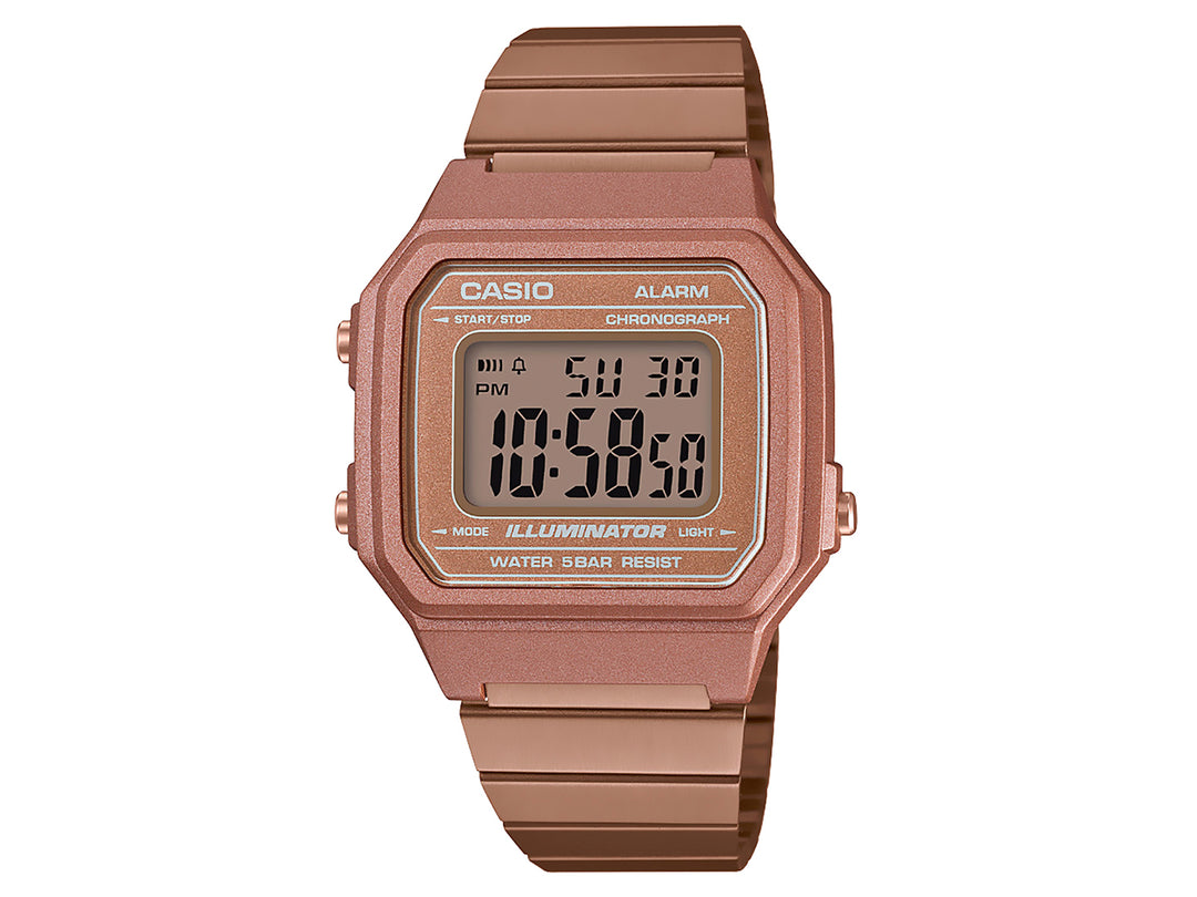 Reloj digital Casio B-658WC color rosa con correa de resina y pantalla LCD.