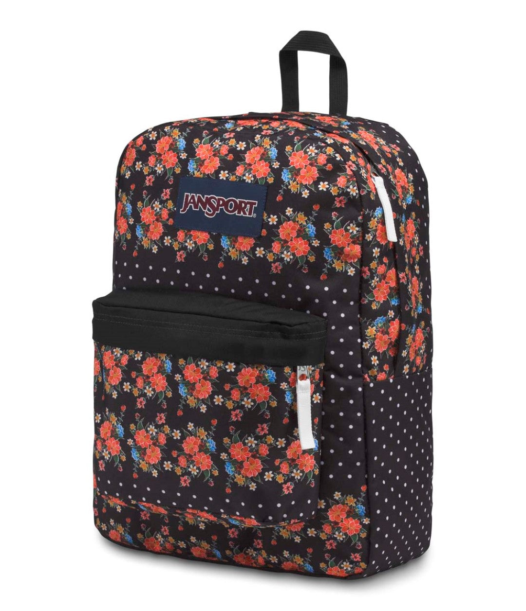Mochila JanSport SuperBreak color negro con estampado de flores rojas y puntos blancos.