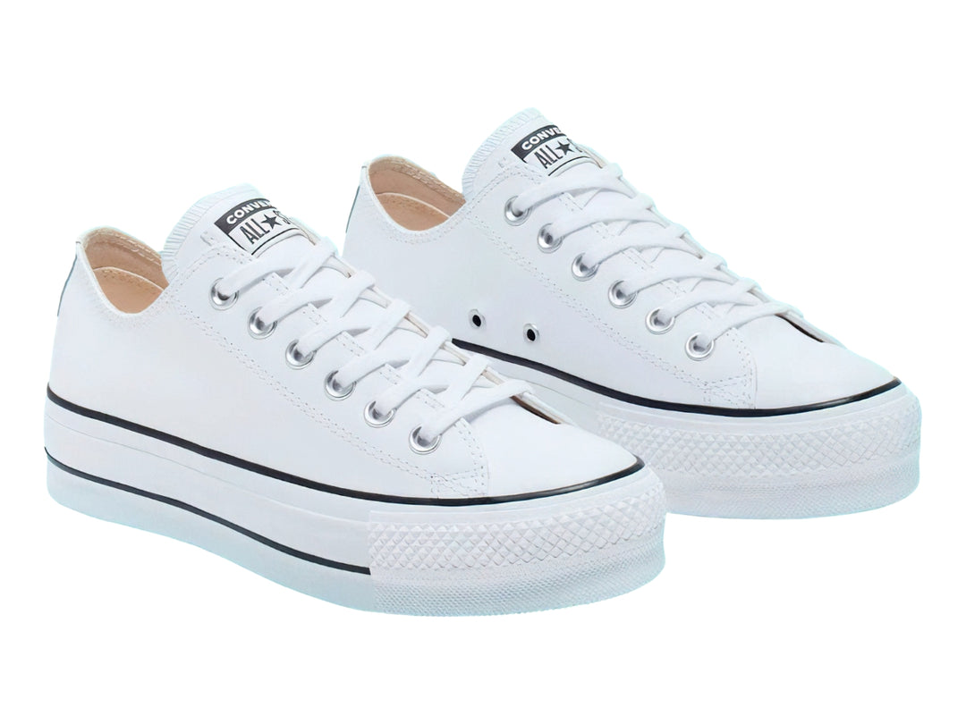 Tenis Converse Chuck Taylor All Star Lift Clean Ox en color blanco con suela de plataforma y detalles en negro.