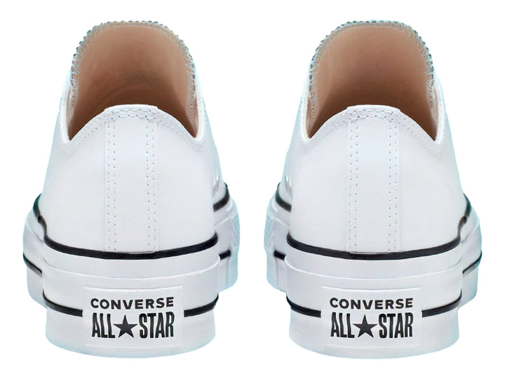 Tenis Converse Chuck Taylor All Star Lift Clean Ox en color blanco con suela de plataforma y detalles en negro.