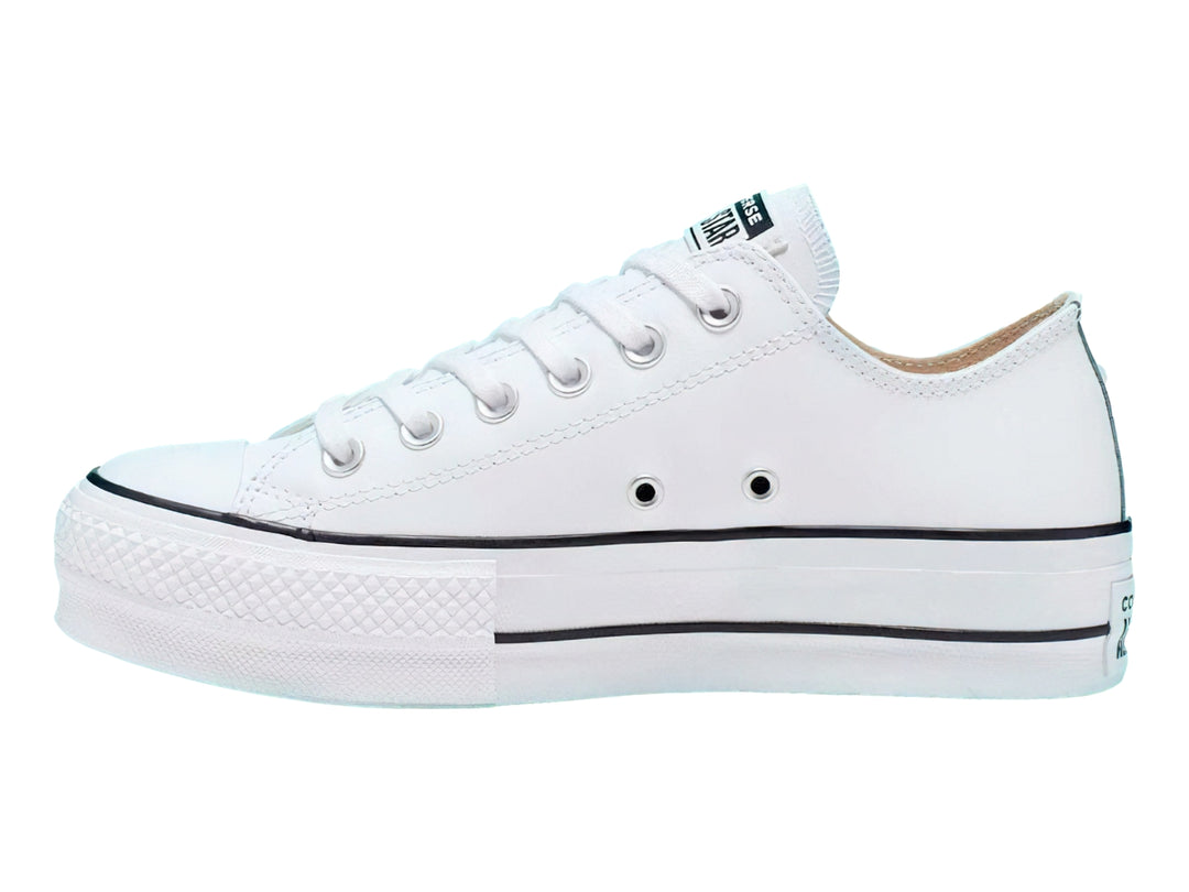 Tenis Converse Chuck Taylor All Star Lift Clean Ox en color blanco con suela de plataforma y detalles en negro.