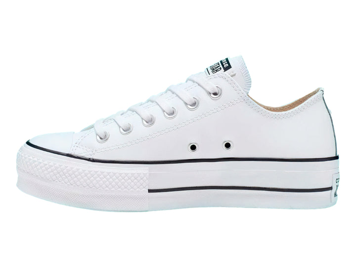 Tenis Converse Chuck Taylor All Star Lift Clean Ox en color blanco con suela de plataforma y detalles en negro.