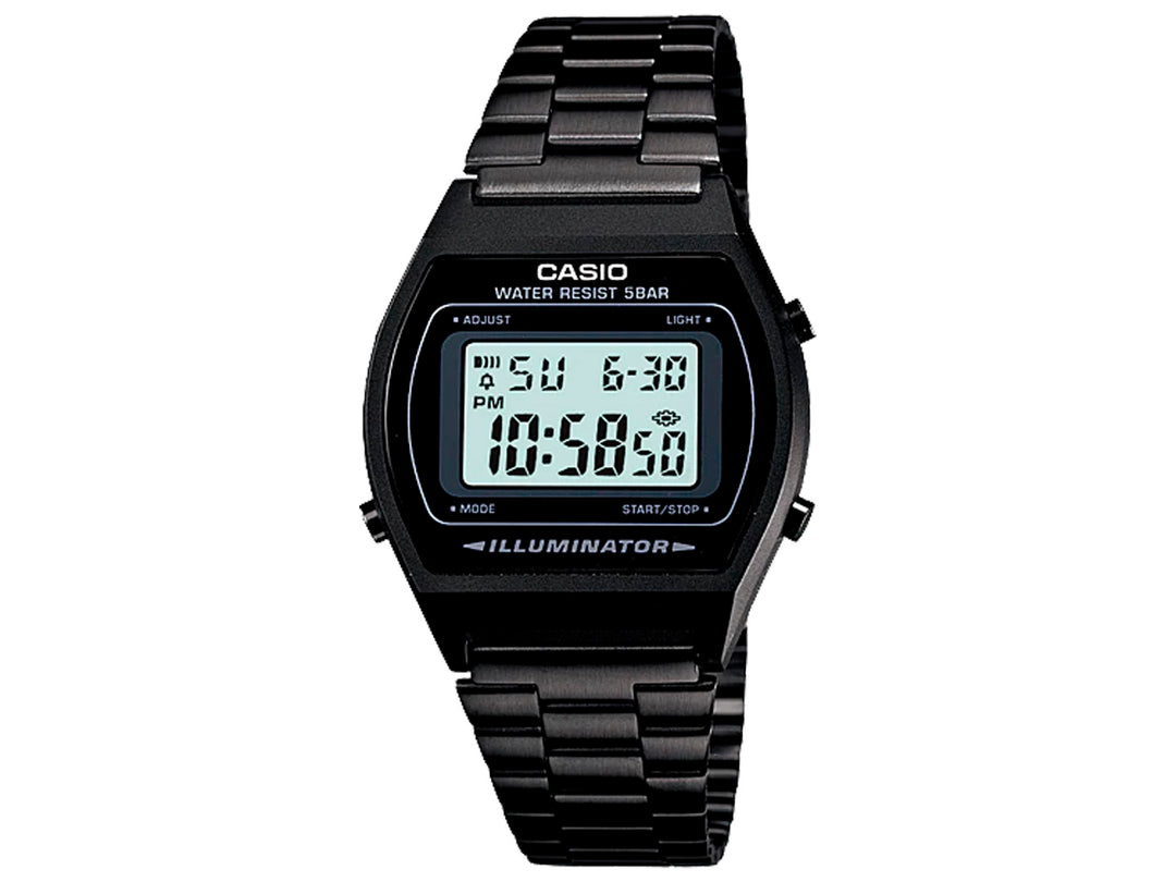 Reloj digital Casio B-640WB para hombre en color negro con correa de metal y pantalla LCD.