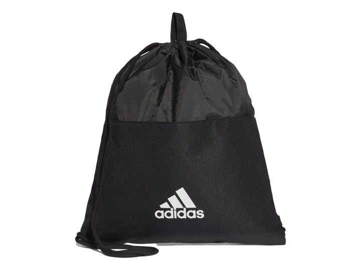 Bolsa deportiva Adidas de color negro con cordones y logotipo blanco frontal.