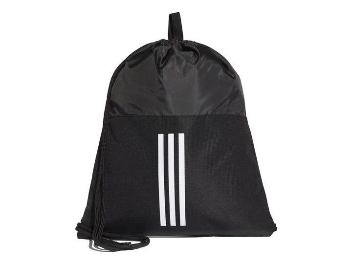 Bolsa deportiva Adidas de color negro con cordones y logotipo blanco frontal.