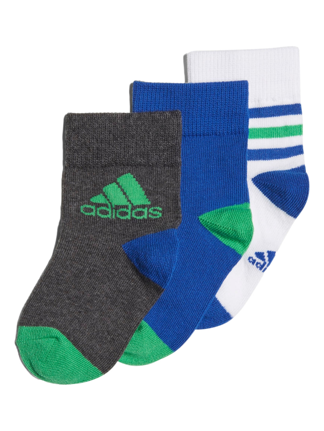 Pack de tres pares de calcetines tobilleros Adidas en colores gris, azul y blanco con detalles en verde.