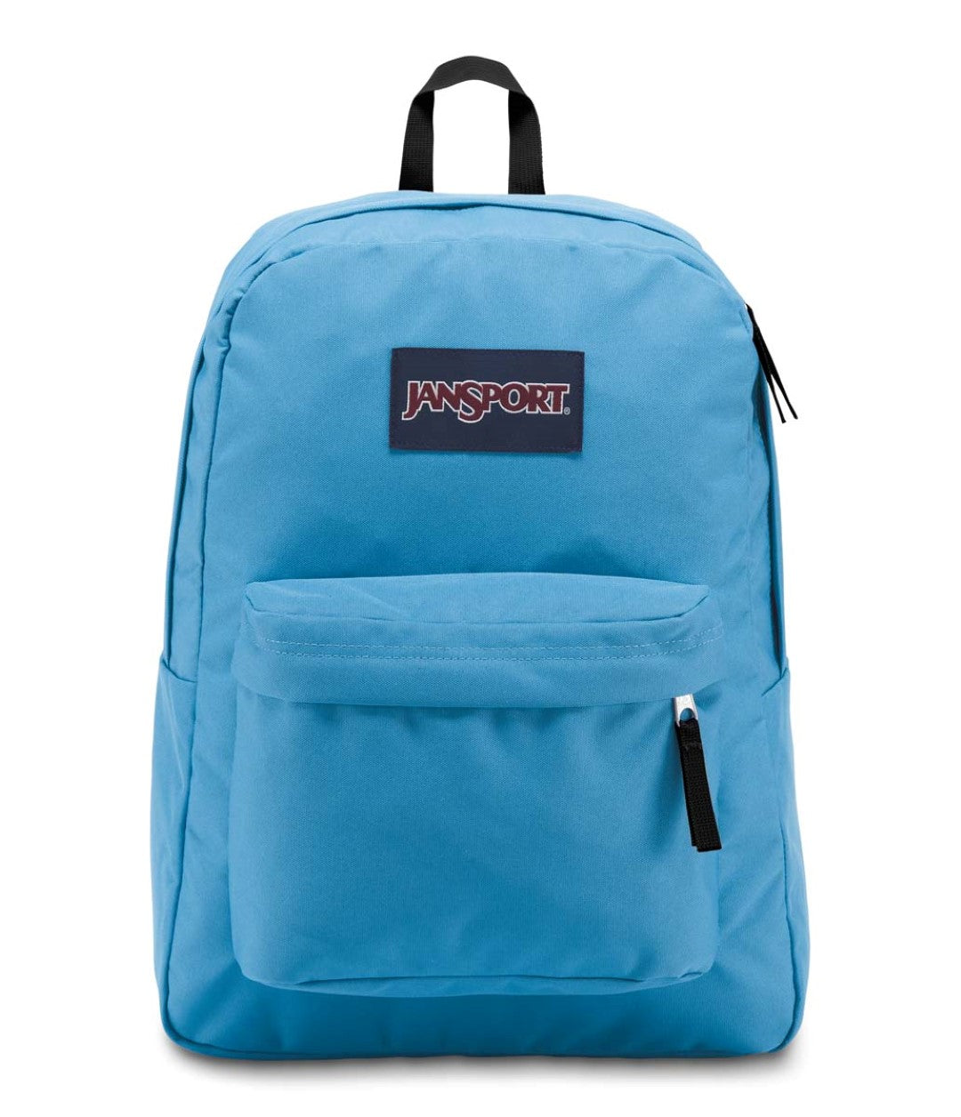 Mochila escolar JanSport Superbreak color azul coastal blue con bolsillo frontal y asa superior.
