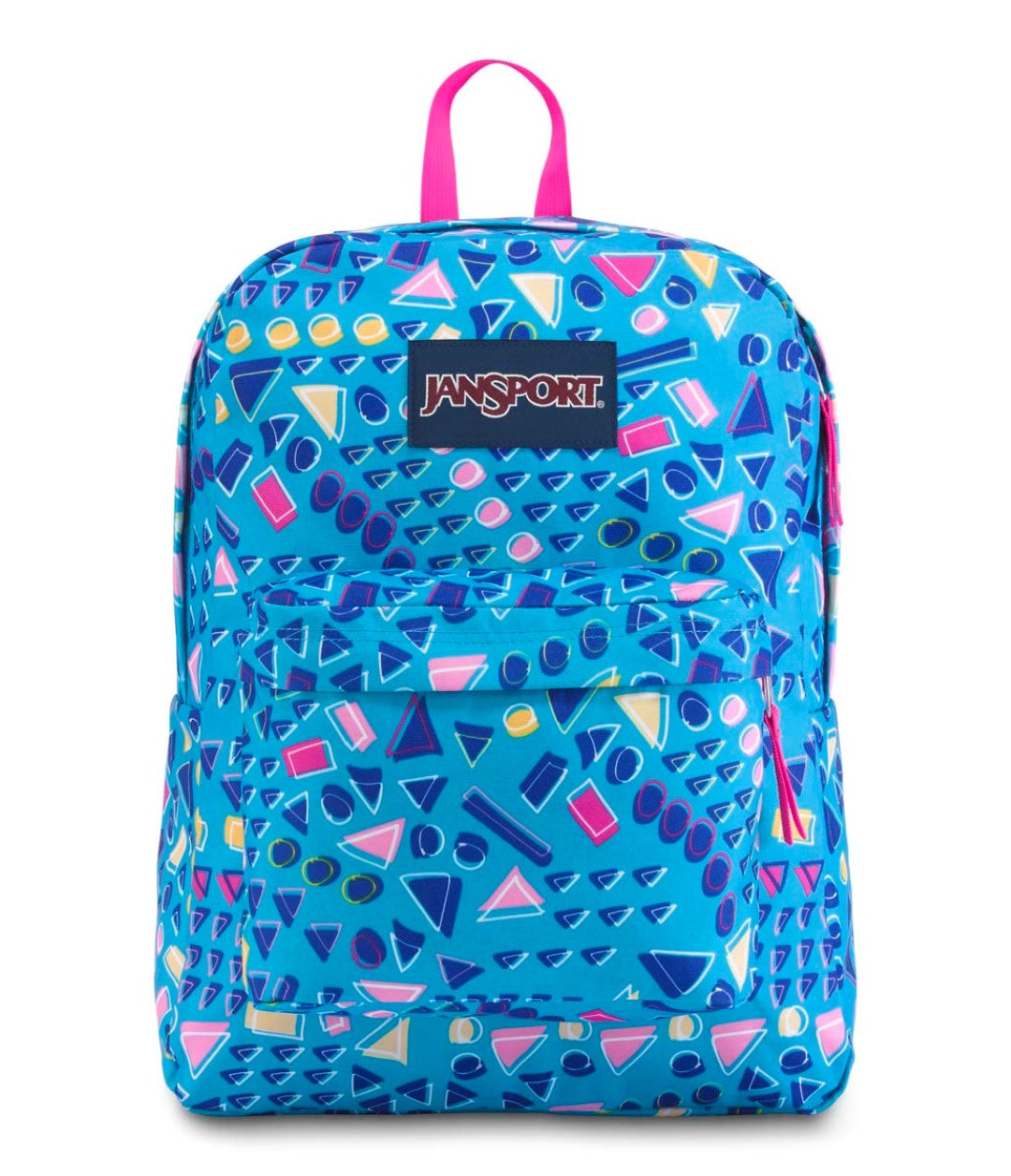 Mochila JanSport azul con estampado geométrico multicolor y asa superior en color rosa.