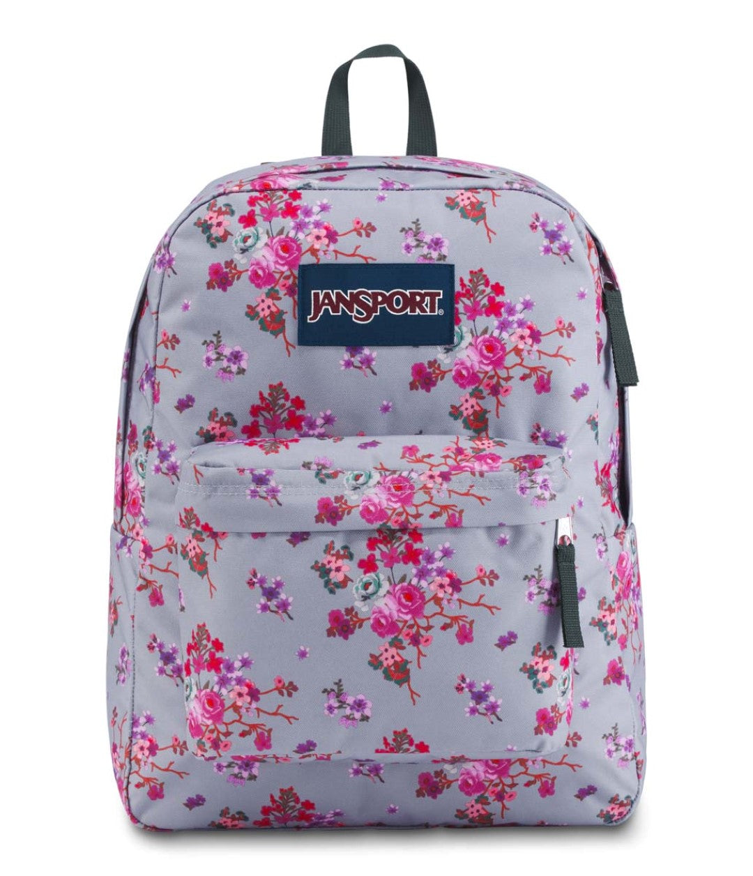 Mochila JanSport Superbreak con estampado floral multicolor en tonos rosa y morado sobre fondo gris claro.
