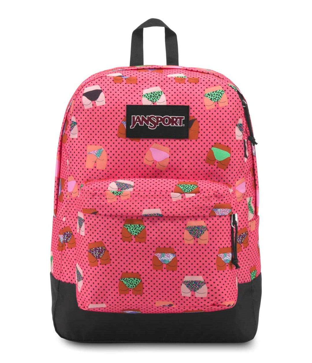 Mochila JanSport color rosa con estampado de glúteos en trajes de baño y base negra.