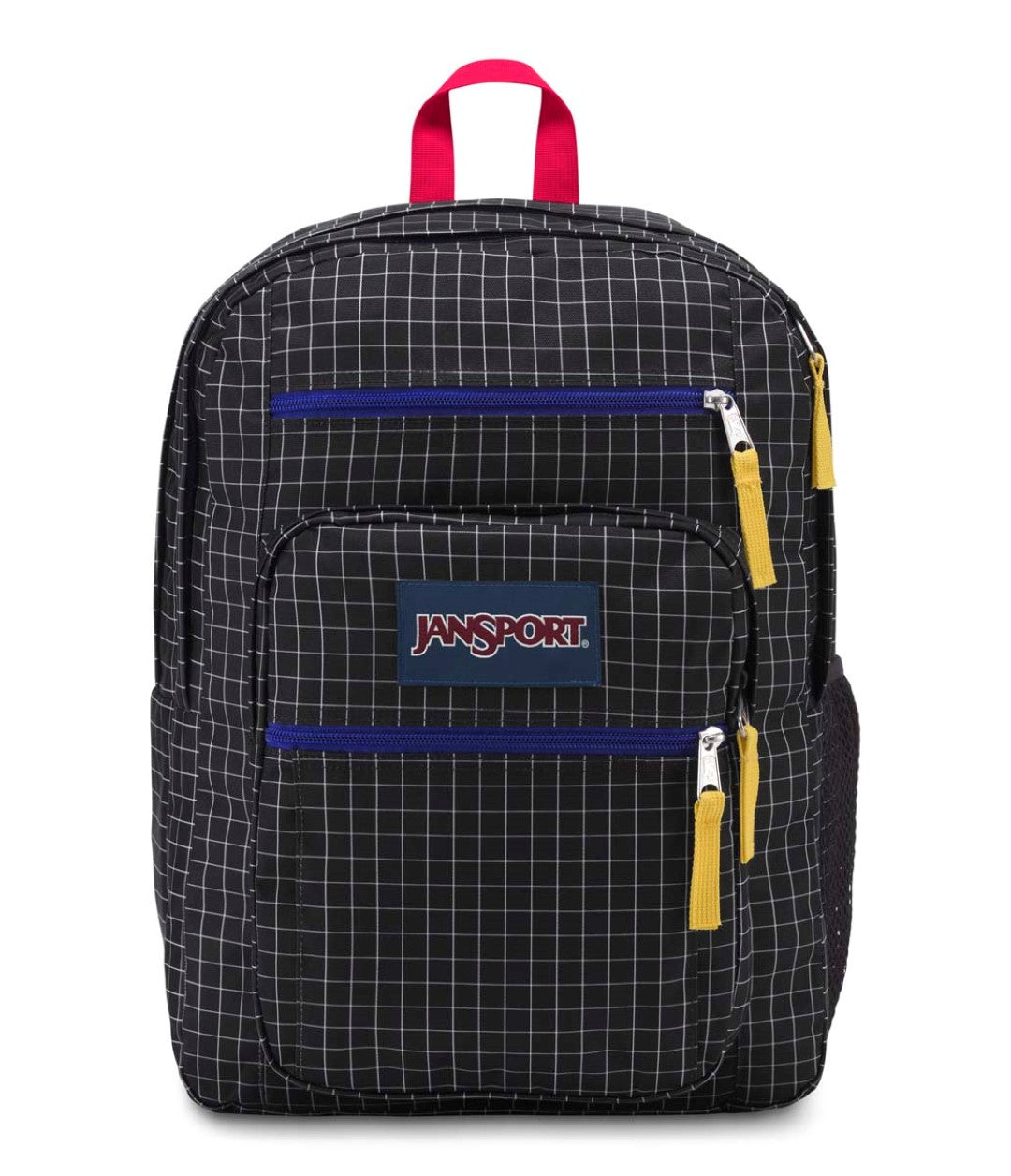 Mochila JanSport negra con patrón de cuadrícula blanca, asa rosa y detalles en azul y amarillo.