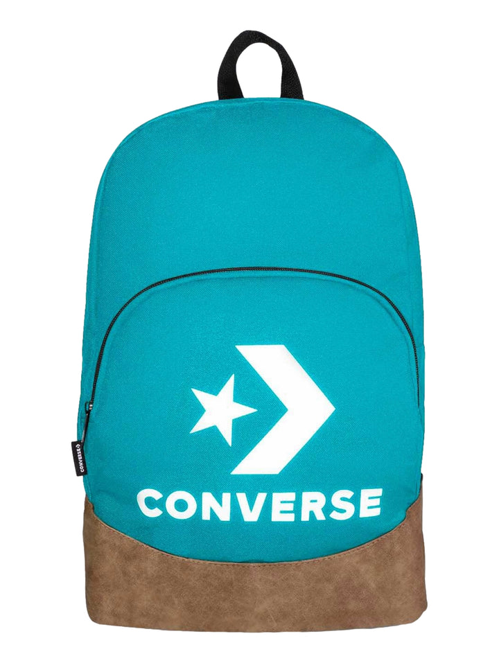 Mochila escolar Converse color menta con base marrón y logotipo blanco frontal.