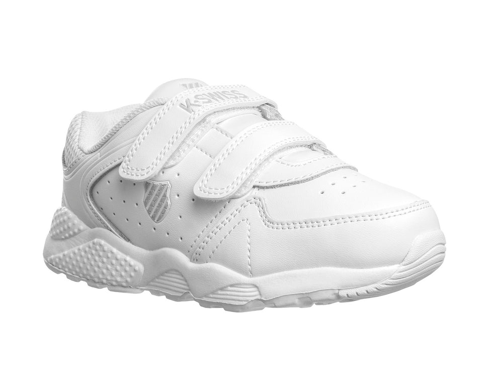 Tenis K-SWISS Leather Rocket color blanco para niño con cierre de velcro y suela texturizada.