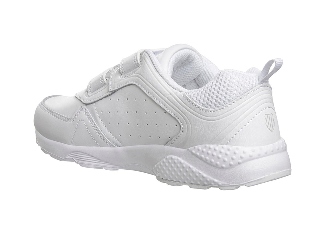 Tenis K-SWISS Leather Rocket color blanco para niño con cierre de velcro y suela texturizada.