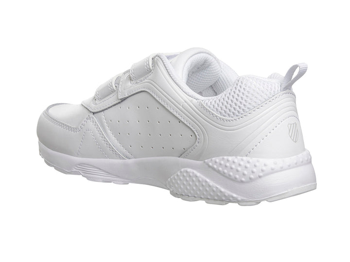 Tenis K-SWISS Leather Rocket color blanco para niño con cierre de velcro y suela texturizada.