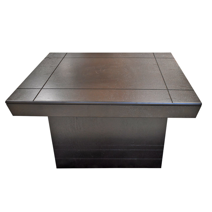 Mesa de centro cuadrada de color chocolate con base sólida y superficie lisa.