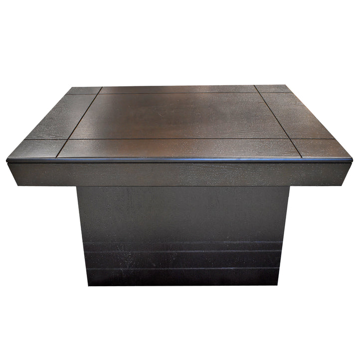 Mesa de centro cuadrada de color chocolate con base sólida y superficie lisa.