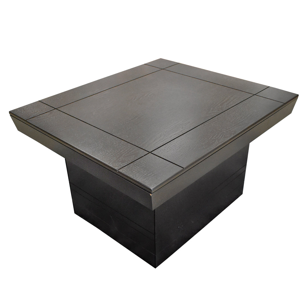 Mesa de centro cuadrada de color chocolate con base sólida y superficie lisa.