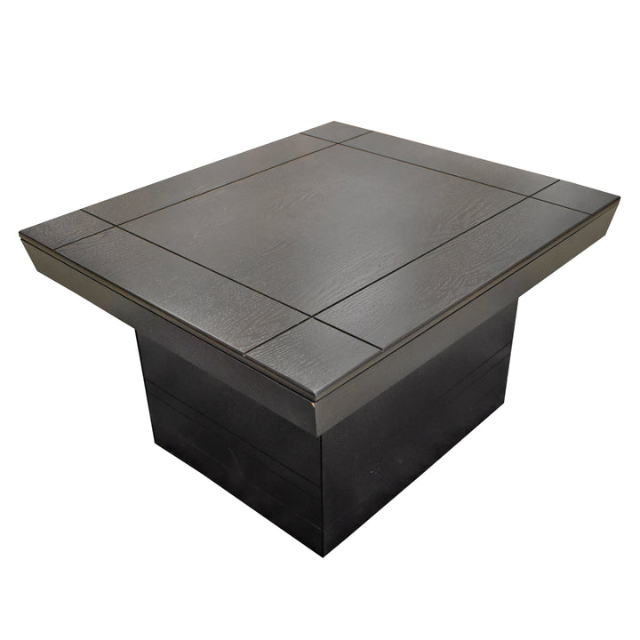 Mesa de centro cuadrada de color chocolate con base sólida y superficie lisa.