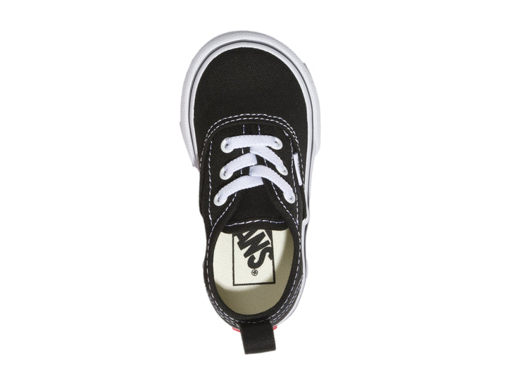 Tenis Vans Authentic negros para niño con agujetas elásticas blancas y suela blanca.