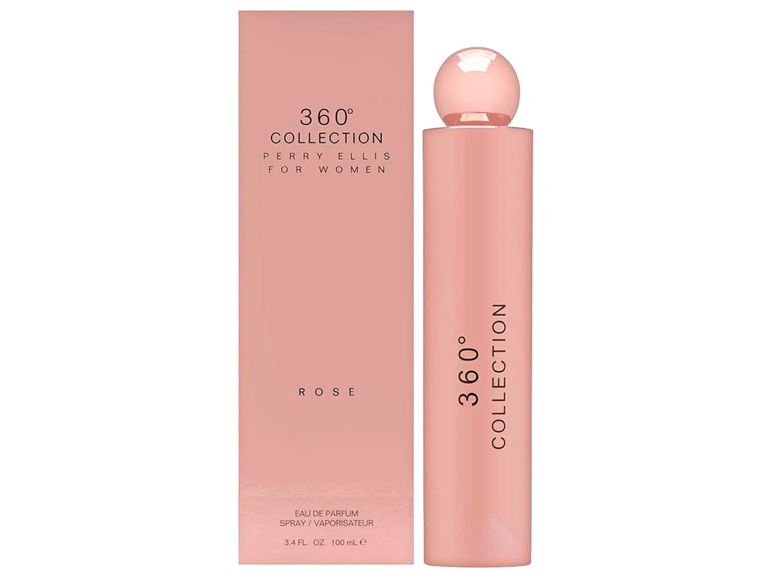 Perfume Perry Ellis 360 Collection Rose para mujer en botella y caja de color rosa mate.