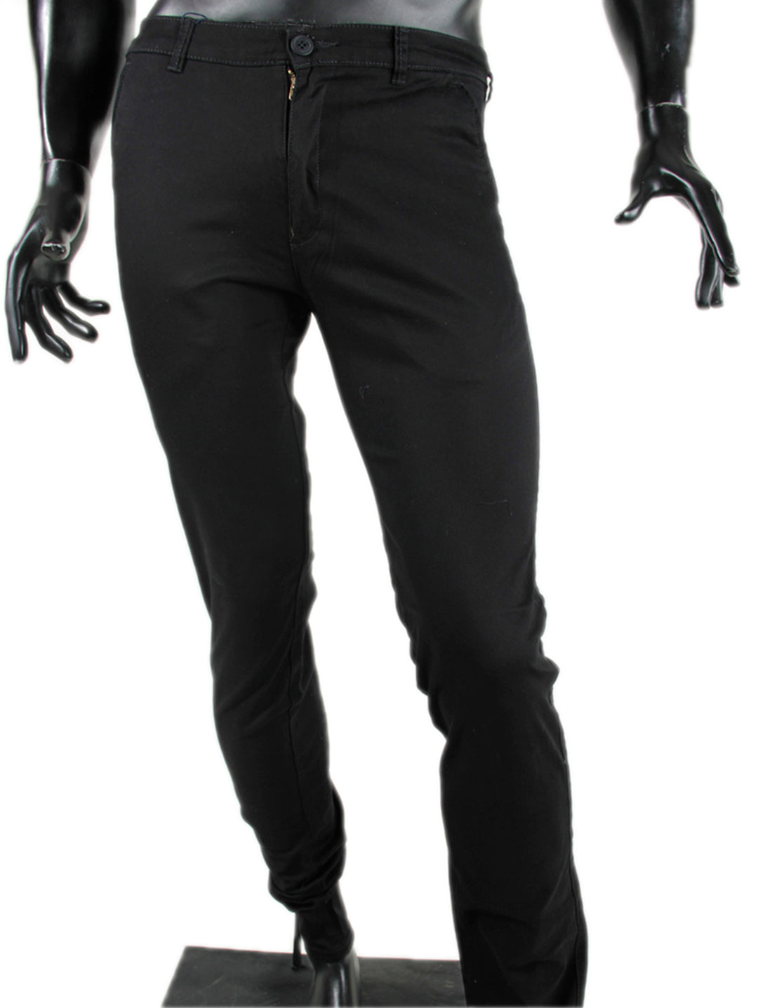 Pantalón negro ajustado para hombre exhibido en un maniquí sobre fondo blanco.