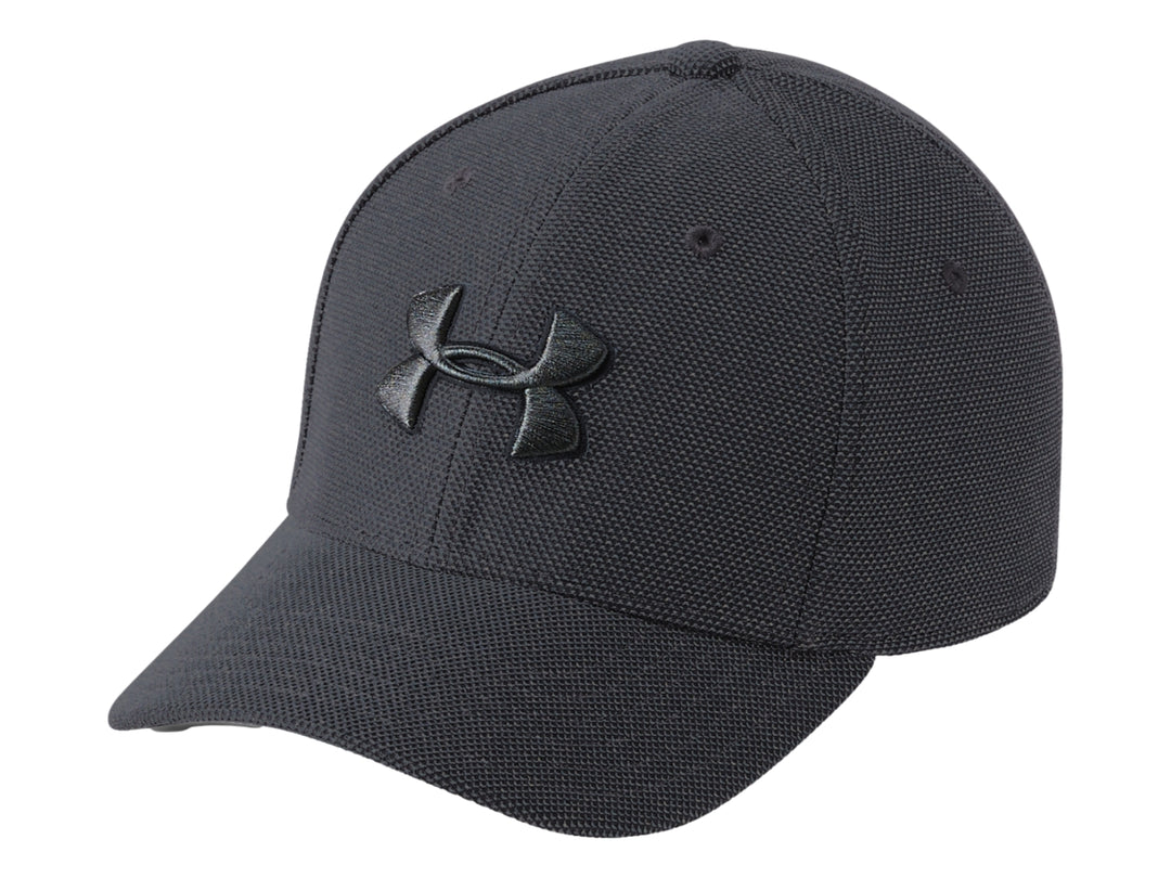 Gorra deportiva Under Armour de color negro con logotipo frontal en relieve y textura de tela jaspeada.
