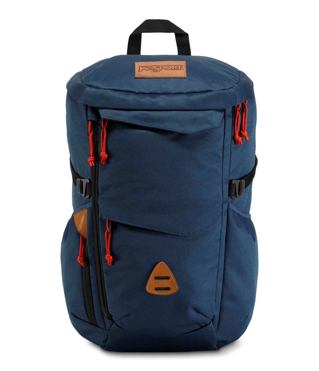 Mochila JanSport Watchtower color azul marino con detalles en rojo y parches de cuero café.