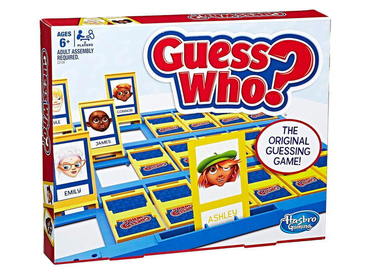 Caja del juego de mesa Guess Who? de Hasbro con tablero azul y tarjetas de personajes.