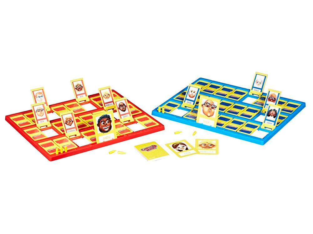 Caja del juego de mesa Guess Who? de Hasbro con tablero azul y tarjetas de personajes.